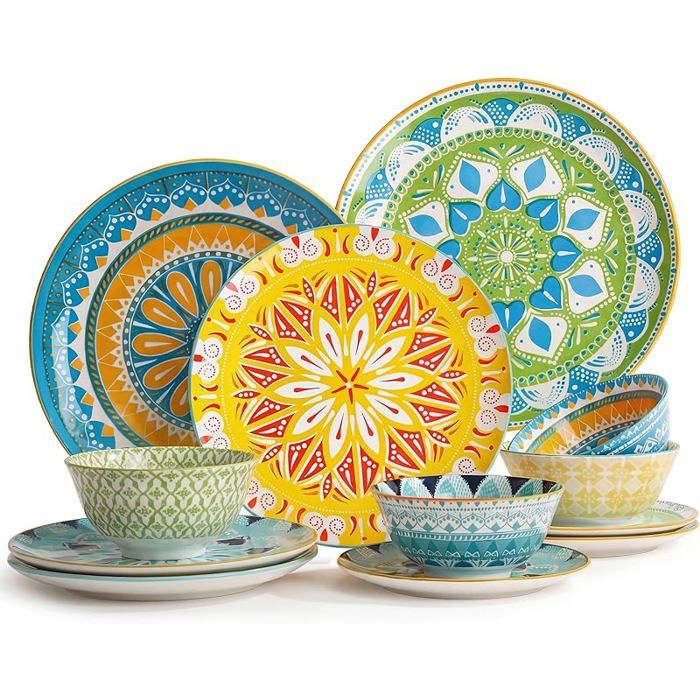 Service de table 12 pièces en céramique moderne avec assiettes bols et assiettes colorées - Idéal pour une pendaison de SALADIER