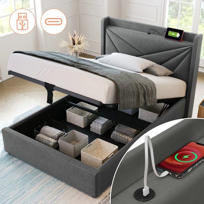 Lit coffre 90x200 cm avec coffre de rangement et charge USB Type C - lit avec sommier à lattes - en Coton - gris