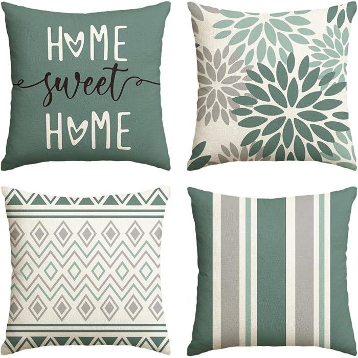 Lot de 4 housses de coussin géométriques vert d eau - Motif dahlias - 50 x 50 cm - 50 x 50 cm (Lot de 4) Vert Deau