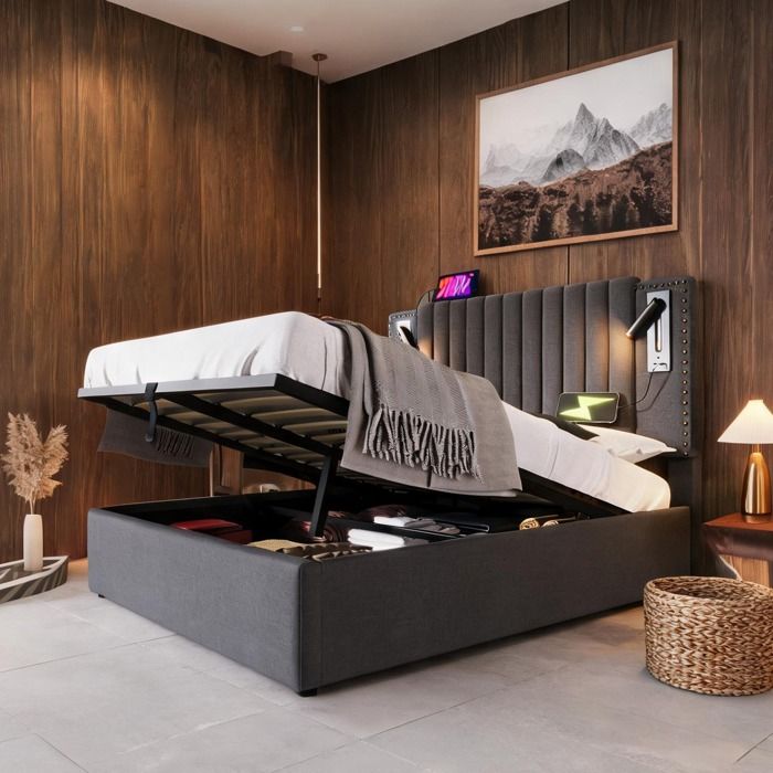 Lit coffre gain de place 180x200 cm avec sommier et lumière de lecture intégrée tissu coton gris