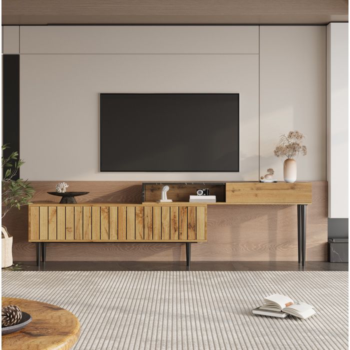 ROVRYN Meuble TV extensible 129-200 cm effet bois et marbre noir MDF avec pieds en métal