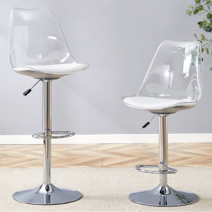 Tabourets de Bar Lot de 2 Réglables en Hauteur Pivotants 360° - ELVMI - Dossier Transparent Métal Simili Cuir Blanc