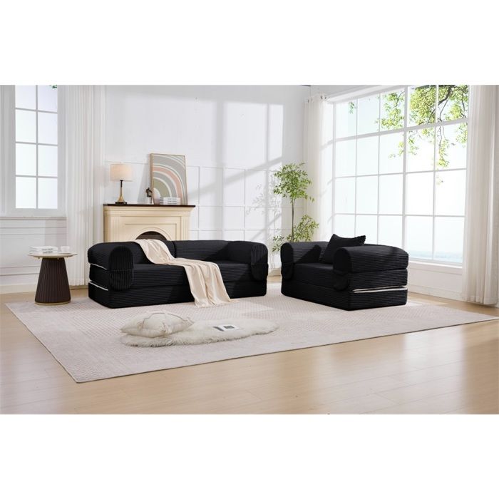 Canapé modulable velours côtelé noir 1+2 places 190x78x65cm canapé‑d’angle rembourré épais pour salon et chambre Canapé modulable velours côtelé noir 1+2 places 190x78x65cm canapé‑d’angle rembourré épais pour salon et chambre