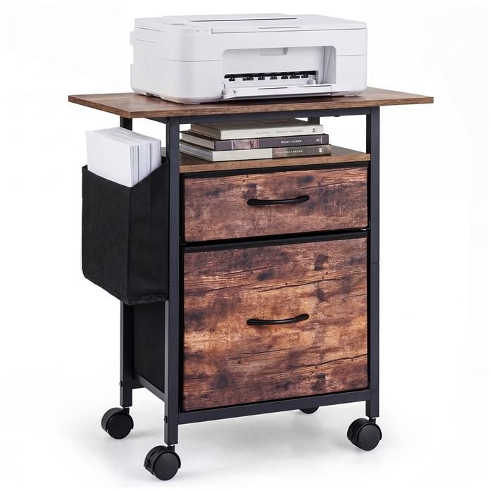 COSTWAY Caisson de Bureau à Roulettes avec 2 Tiroirs Compartiment Ouvert Étagère de Rangement Structure Métallique Marron COSTWAY Caisson de Bureau à Roulettes avec 2 Tiroirs Compartiment Ouvert Étagère de Rangement Structure Métallique Marron
