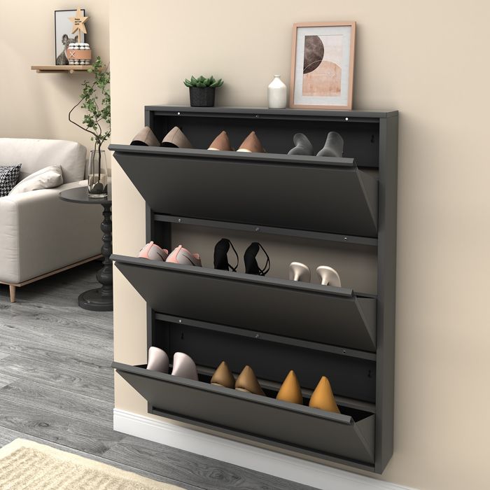 Metal Shoe Cabinet with 3 Flip Drawers Wall Mounted Shoe Organizer Narrow Slim Hidden Shoe Rack for Entryway Black