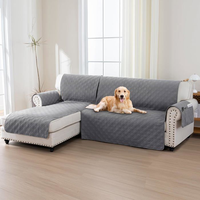 Housse Canape dangle Housse de Canape 3 Places avec Accoudoirs 100% Protege Canape Impermeable Housse Forme de L 247CM Gris