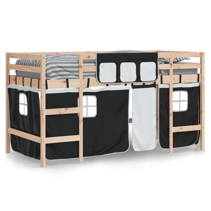 Lit mezzanine enfant 80 x 200 cm en bois de pin massif blanc et noir - Rideaux inclus - Échelle incluse - Sans matelas - 1 personne_