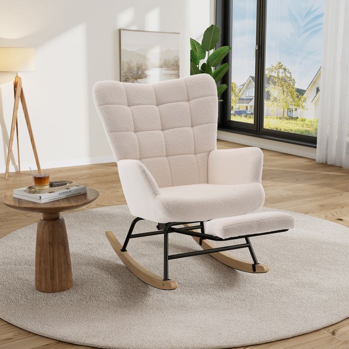 Chaise à bascule avec repose-pieds - TCQPZ - dossier haut sherpa métal bois beige