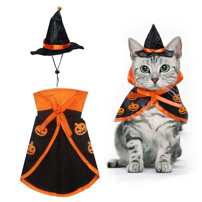 Ensemble de costume dHalloween pour animal de compagnie (inclut une cape et un chapeau de magicien) modèle réglable.