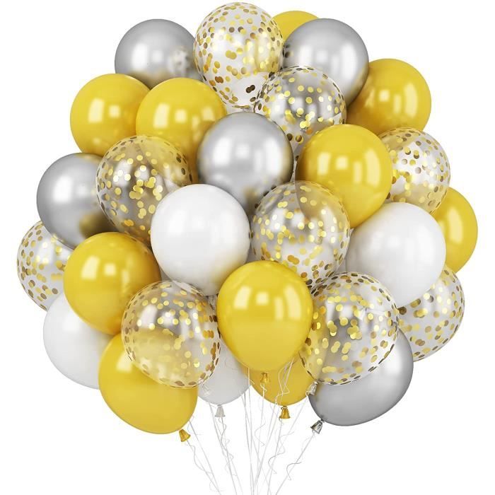 Ensemble de Ballons Dorés Argenté Blanc, 60 ballons de 12 pouces, confettis  dorés et ballons en latex dorés blanc argenté méta[374]