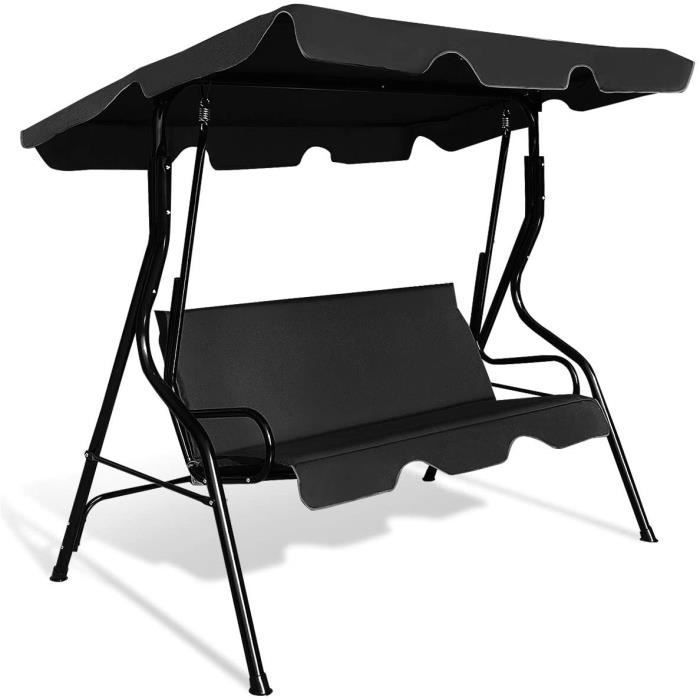 GOPLUS Balancelle de Jardin 3 Places 170x110x153CM,avec Auvent Réglable,Swing de Jardin Tissu en Polyester/Cadre en Acier,Noir