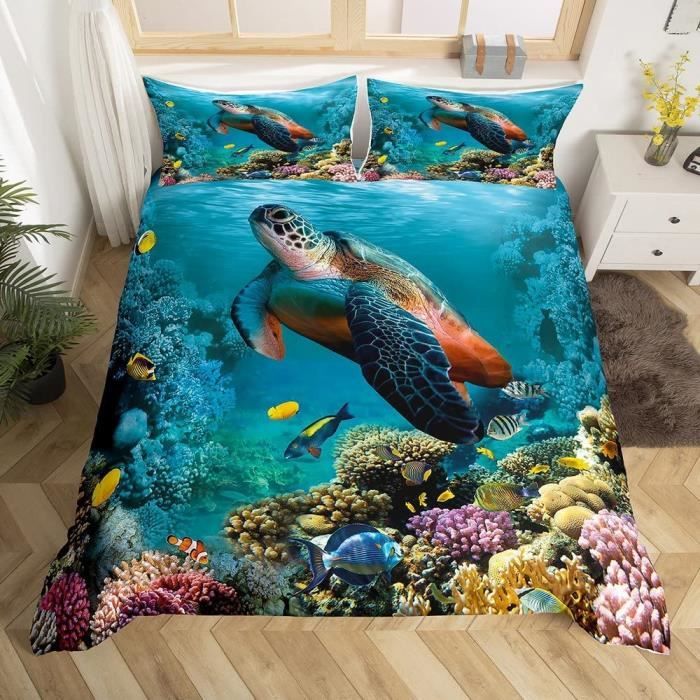 Drap Housse 140x190 + 2 Taies 65x65 - Motif Tortue De Mer | Microfibre Douce, Bonnet 30 Cm - 6