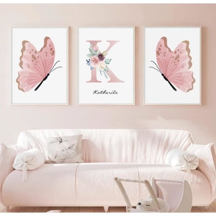 Affiche Chambre Fille Papillon Florale Decoration Murale Poster Chambre  Rose Blanc Tableau Prenom Toile Enfant sans Cadre 30x40cm - Cdiscount Maison