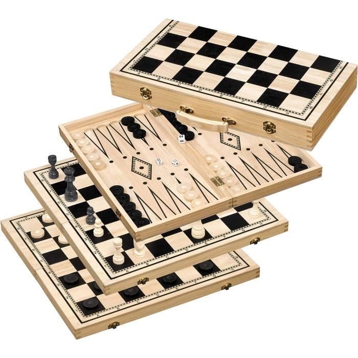 Boitier 3 jeux en 1 : Échecs, dames et Backgammon Boitier 3 jeux en 1 : Échecs, dames et Backgammon