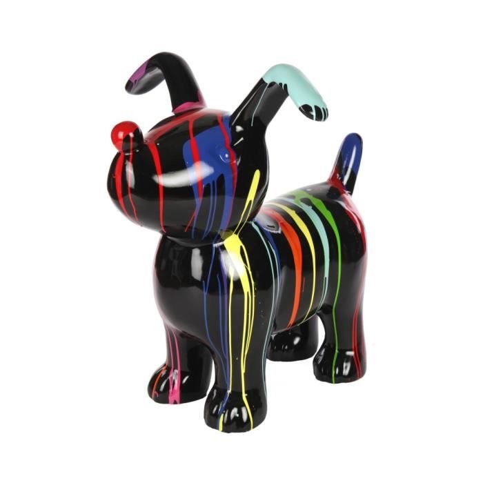 Statue en résine CHIEN bouledogue anglais multicolore fond noir lis