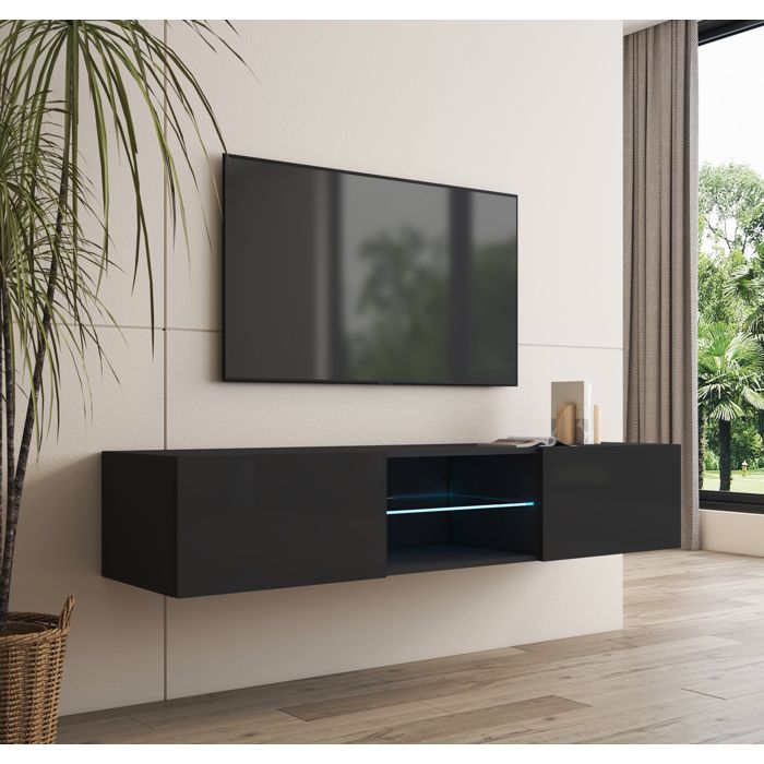 Design Ameublement - Meuble TV TIBI LED Suspendu - Noir Brillant - 160x30x38 5cm