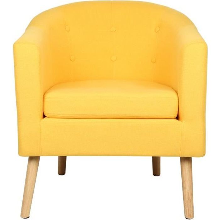 Fauteuil pieds bois Hévéa massif - Tissu effet feutrine - Jaune - Scandinave - 64 x 60 x 70 cm