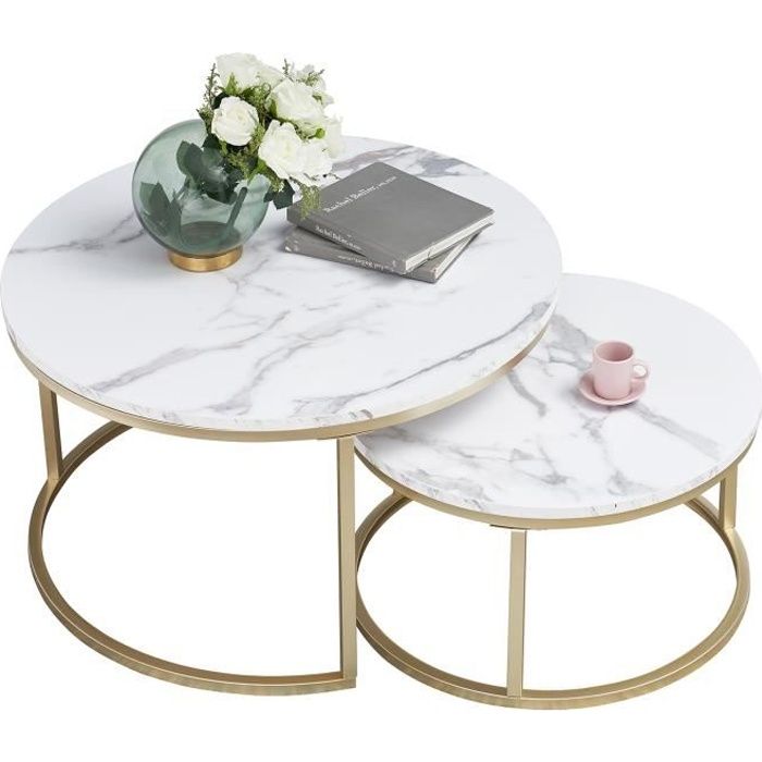 Lot De 2 Tables Gigognes Rondes - Table Basse Blanche Imitation Marbre Avec Pieds Métal Noir - ø70 Cm (H45) Et ø50 Cm (H35)