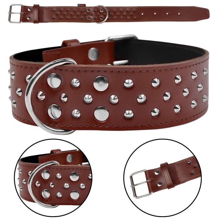 Meilleurs prix pour Collier pour chien en cuir marron avec clous - DINO - 50mm/50cm - pour chien de taille moyenne à grande