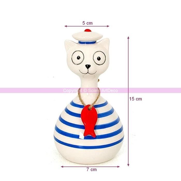 Statuette Chat Marin En Ceramique Raye Bleu Et Blanc Poisson Rouge Autour Du Cou Dim 15 X 7 X 5 Cm Unique Cdiscount Maison