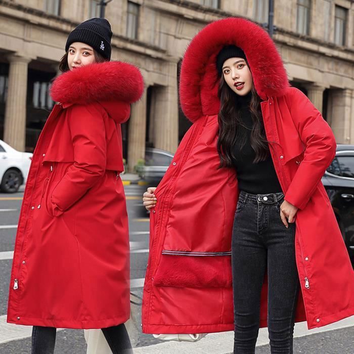Manteau Femme GOGUQ Nouvelle Mode Plus velours exquis Faux Fourrure Trim version longue Poches Rouge