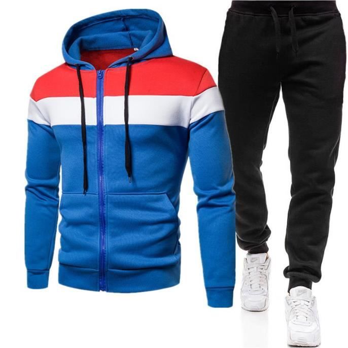 Survêtement Homme Ensemble Blouson Sweat Zippé Sports Jogging Pantalon 2 Pièces Sportwear Tenues-bleu