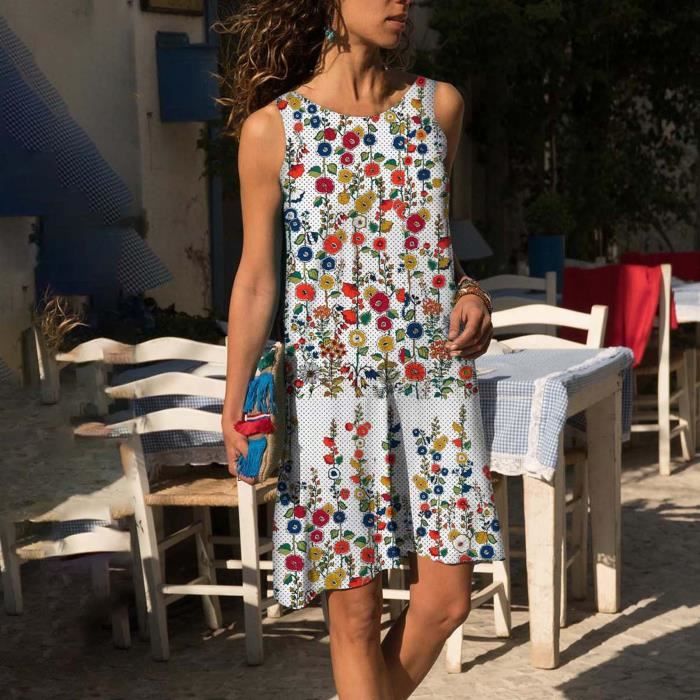 Femmes Ete O cou Fleurs Coton Lin Sans Manches Plus La Taille Robes blanc Blanc Cdiscount Pret a Porter