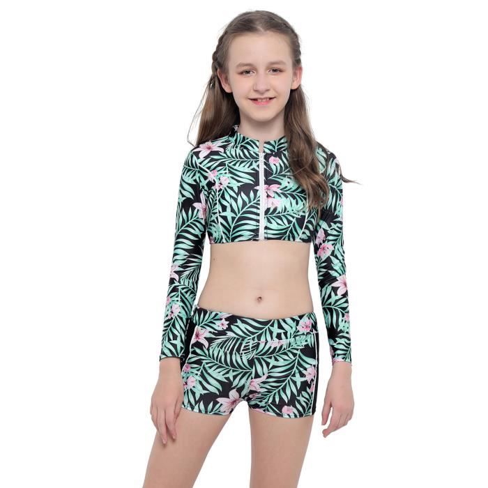 yizyif enfant fille maillot de bain anti uv manches longues imprimé fleurie tropical swimwear 4-14 ans rose-vert