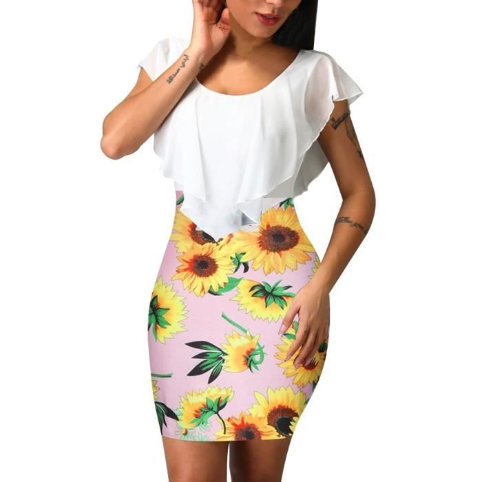 Robe Fille Imprimé Tournesol Sans Manches - Style Jean Décontracté - Pour Ado 16 Ans - Tissu Mélange Coton - Cadeau Pour Pré-ado