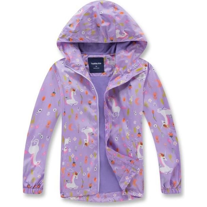 Coupe Vent Impermeable Fille Manteaux Mi Saison Veste Enfant Imprime Blouson Capuche Pluie Violet