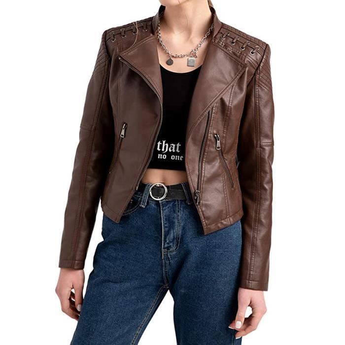 Veste Femme,S-4XL Veste en Cuir PU Veste Moto,Veste été de Motard Vintage Grande Taille Col Revers-Brune