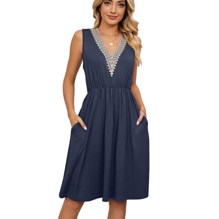 WNEEDU Robe Longue D'Été Femme - Maxi Robe Plage Sans Manches Col V Avec Poches Décontractée