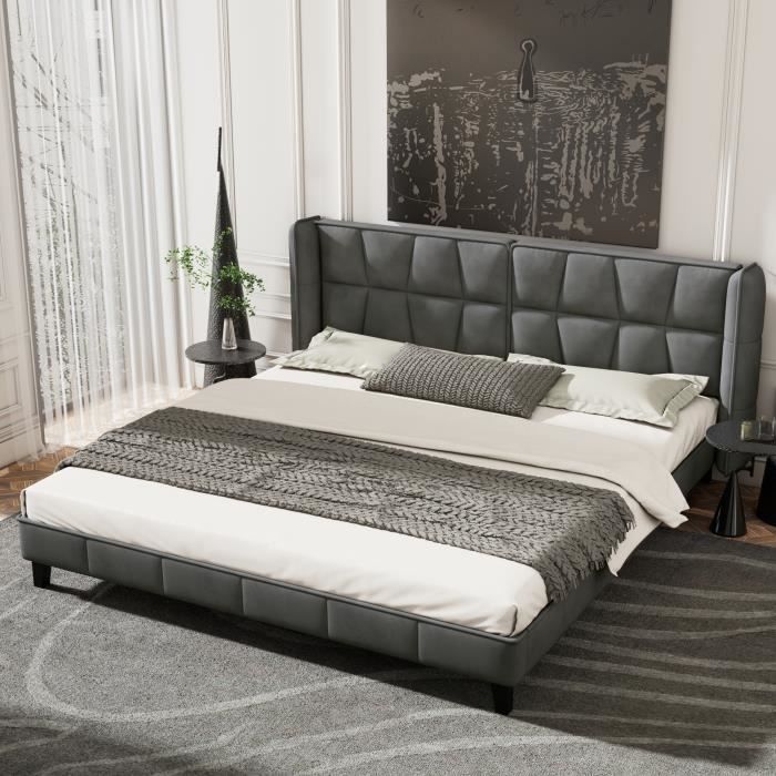lit capitonné double 180x200cm en velours avec sommier à lattes et tête de lit, lit ado, montage facile, style contemporain, gris