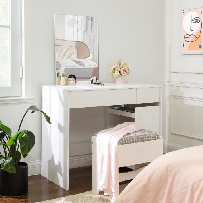 Coiffeuse Miroir Rectangulaire 2 Tiroirs Etagere Mobile A 3