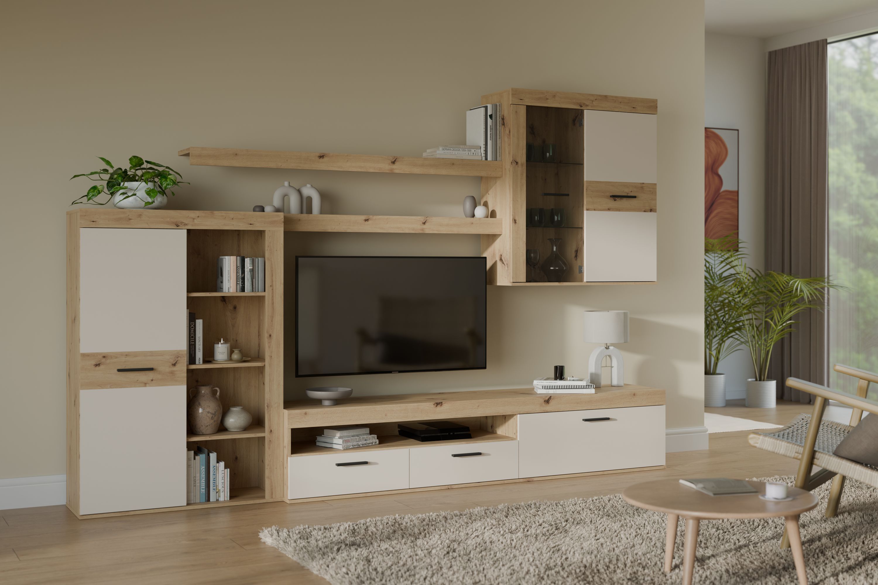  Ensemble meuble TV mural ZUMBA AUCUNE 300 x 41 x 200,9 cm LED sable ch&ecirc;ne