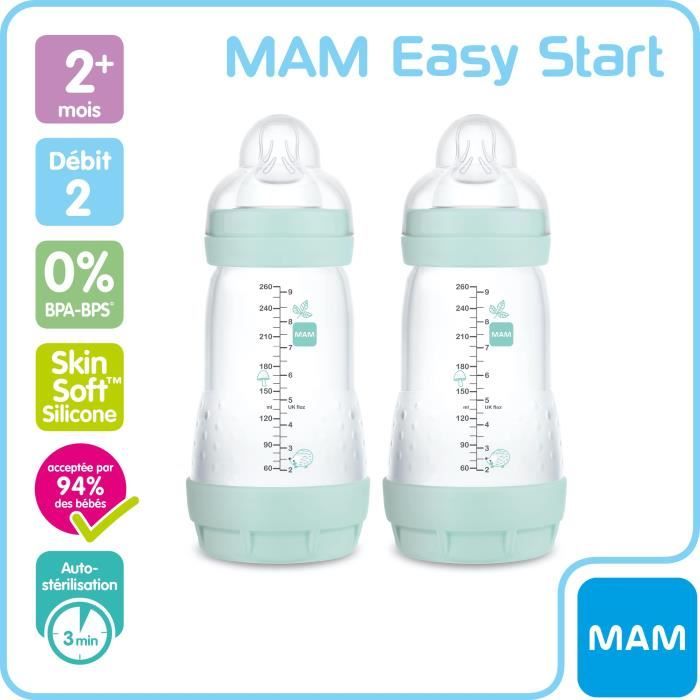 Mam Easy Start Biberon Lot de 2 biberons anti-colique Base ventilée 2 mois  260 ml Couleurs assorties20 - Cdiscount Puériculture & Eveil bébé