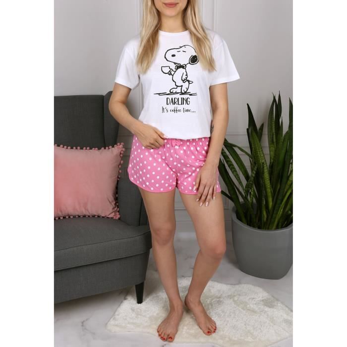 Pyjama fille blanc et rose Snoopy Manches courtes Doux et confortable