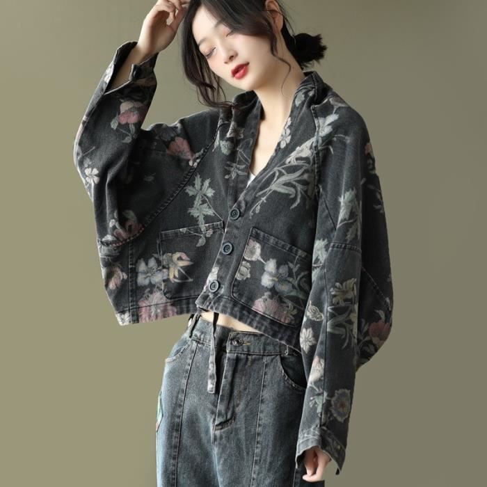 Veste courte en jean femme veste en jean imprimee style litteraire retro sommet de la montagne de printemps Noir Cdiscount Pret a Porter