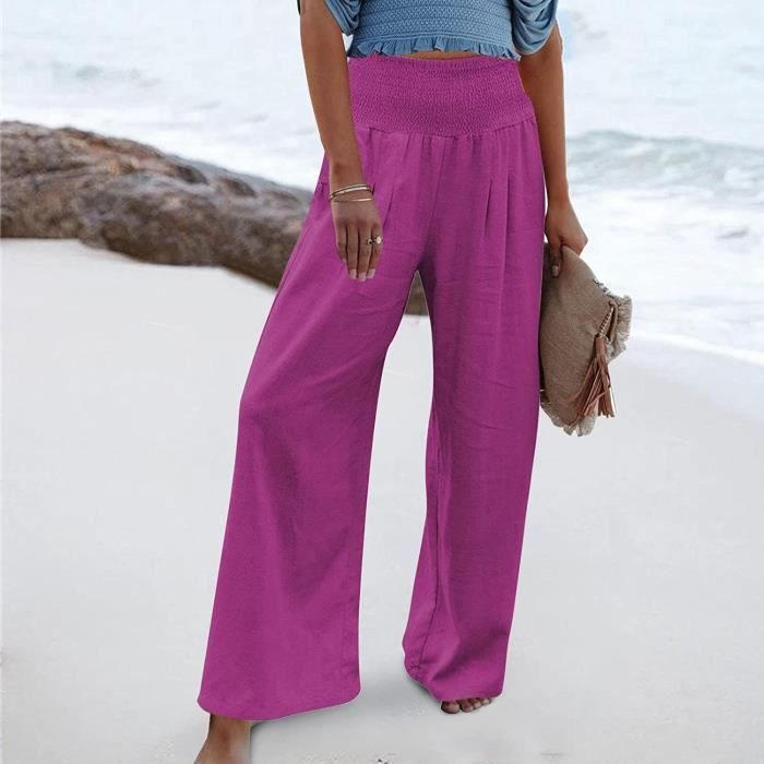 Pantalon Femme Coton Lin Taille Haute Casual Leger Grande Taille Cordon Elastique Ample Pantalon Large Chic avec Poches Jogging Rose Rose vif Cdiscount Pret a Porter