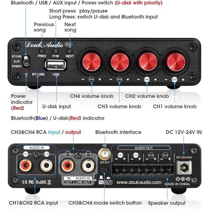 Amplificateur HiFi Bluetooth 5.0 2.1CH 800W - Ampli Voiture Home Cinema Avec Caisson Basses, USB TF AUX, Télécommande