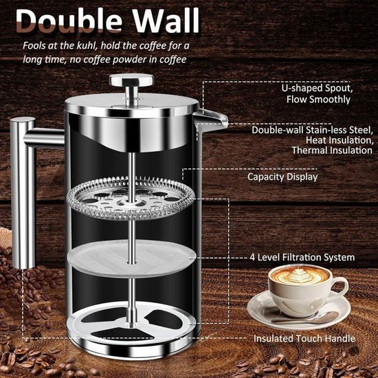 Kabalo Cafetière à Piston Double Paroi Inox 1000ml - 8 Tasses - Avec Cuillère Doseuse