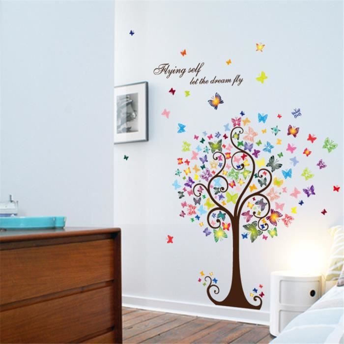 1pc sticker mural arbres verts plante papillon stickers muraux pour  salon,chambre à coucher, salle de classe, chambre d'enfant décoration murale