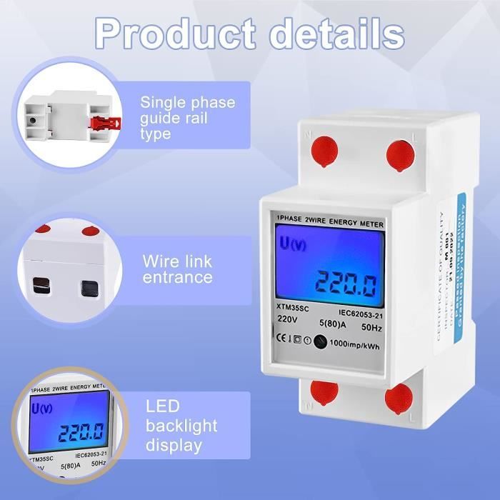 Compteur Electrique Compteurs d'énergie: Compteur d'électricité numérique  LCD Compteur AC Rail DIN, 5(80) A 220V B Compteur AC c12 - Cdiscount  Bricolage