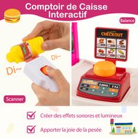 COSTWAY Marché En Bois Pour Enfants – 40 Fruits/légumes, Caisse Enregistreuse, Scanner, Tableau Noir – 70x63x101 Cm, Dès 3 Ans