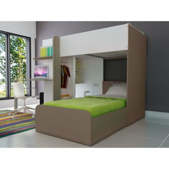 Lits Superposes Samuel 2x90x190cm Bureau Integre Pin Blanc