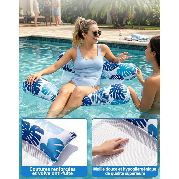 Lot De 2 Hamacs Piscine Gonflables 5-en-1 – Filet Respirant – 4 Chambres à Air – Charge 100 Kg