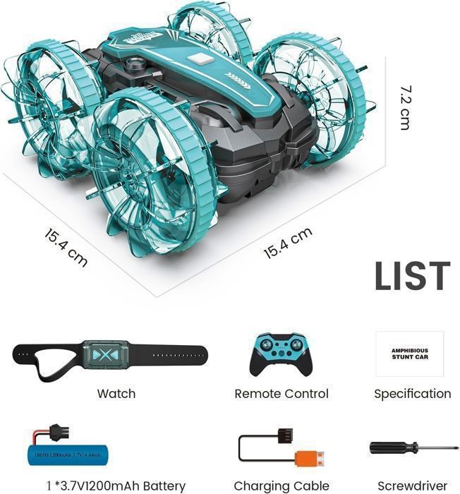 Voiture RC Amphibie 4WD – Requin 360° – Charge USB-C – LED Réglable – Tout Terrain – Cadeau Enfant 3-12 Ans