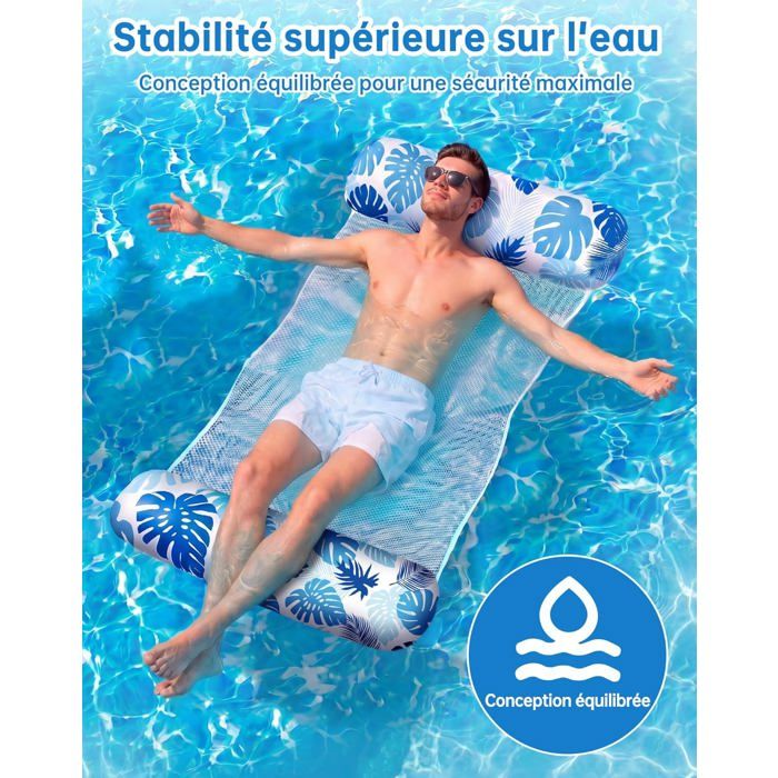 Hamac Piscine 4 en 1 Bouee Adulte XL Matelas Piscine Filet Bleu Clair Hamac Gonflable avec Filet et Pompe à Air Matelas Gonflable Plage Pliable pour Adultes et Enfants et Plage