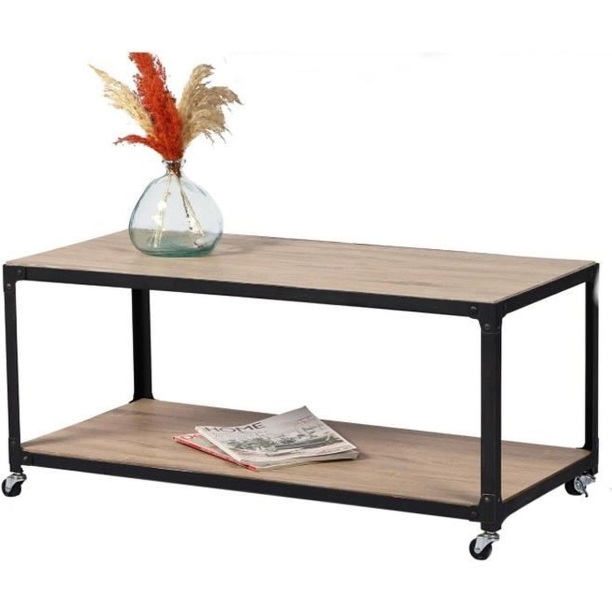 TABLE BASSE APPOINT CONSOLE LOFT INDUSTRIEL ROUE ROULETTE SALON BOIS