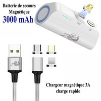 Câble chargeur magnétique 3en1 et sa mini batterie externe de secours 3000 mAh USB-C / Micro usb / iOS - Blanc